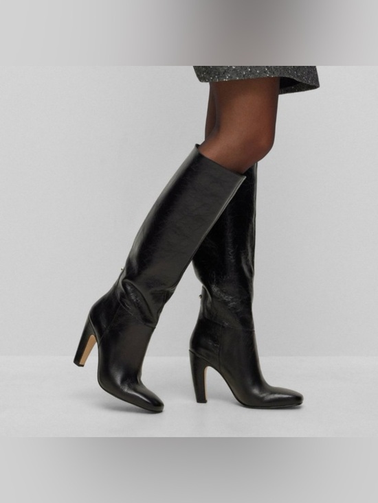Boss Shoes - HUGO BOSS Knee-High Glossy Black Leather Heeled Boots - Size 39